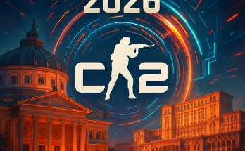 Announcement poster for PGL Bucharest 2026 CS2 Major, showcasing the city and gaming elements.