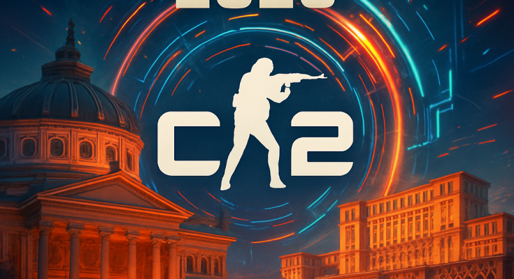 Announcement poster for PGL Bucharest 2026 CS2 Major, showcasing the city and gaming elements.