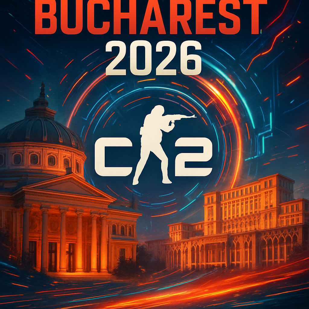 Announcement poster for PGL Bucharest 2026 CS2 Major, showcasing the city and gaming elements.