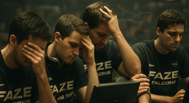 A captured moment of defeat for FaZe Falcons, showcasing players in deep thought amidst