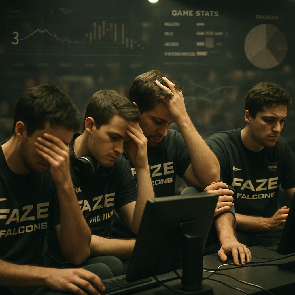 A captured moment of defeat for FaZe Falcons, showcasing players in deep thought amidst